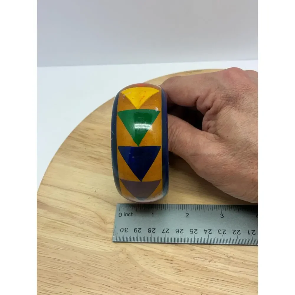 Vintage Wide Wooden Bangle Bracelet | Hand Painted Geometric Boho Bracelet
